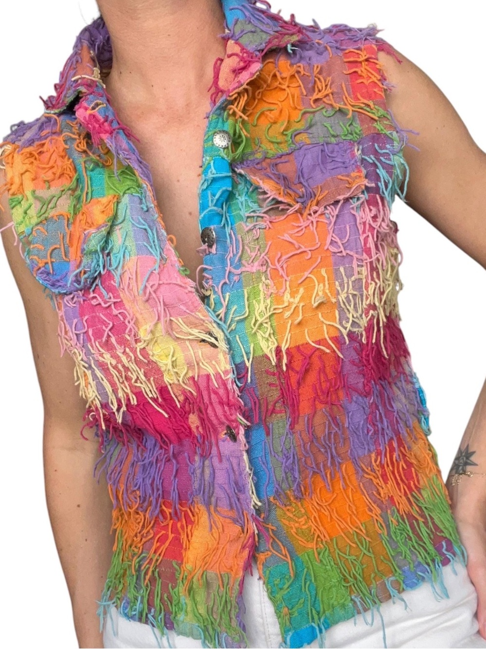 90s Rainbow Plaid Woven Cotton Shag Sleeveless Blouse or Vest Size Large
